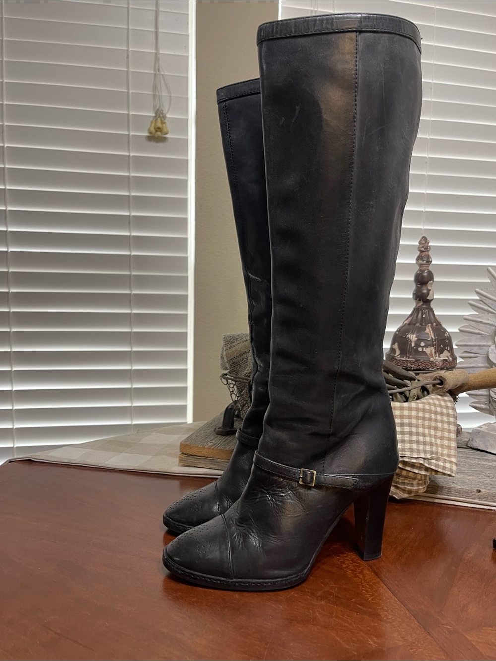Hobbs London leather  black tall heeled boots Vibram sole